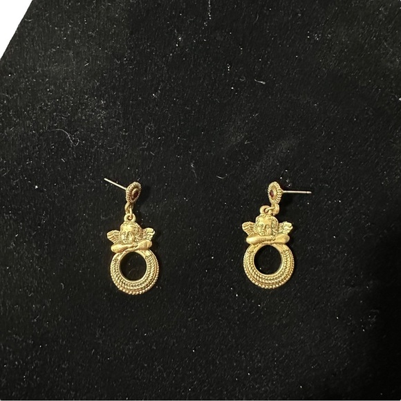 The Vatican Library Gold Toned Cherub Red Rhinestone 1.5” Dangle Hook Earrings - Picture 3 of 9